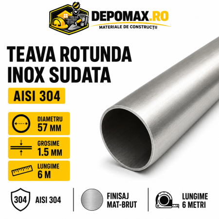 Teava rotunda inox sudata AISI 304, 57 x 1.5 mm, 6 metri